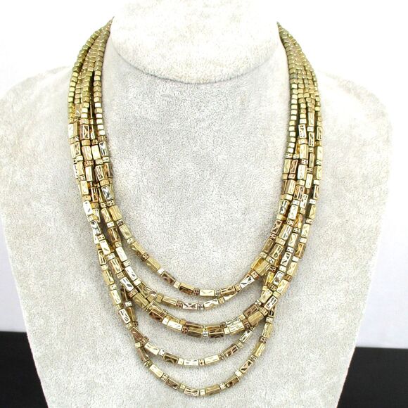 NWT Chicos Hammered Gold Tone Beaded Multi Strand Layered Necklace Hoop Earrings - Picture 5 of 7